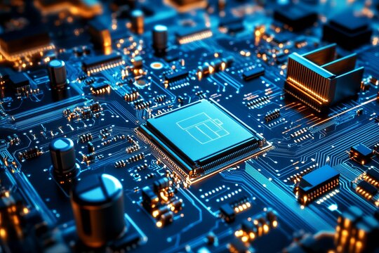 Close-up circuit board with central chip & file icon