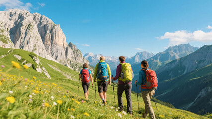Obraz premium Summer mountain trekking with friends carrying backpacks through scenic alpine valley with dramatic rocky cliffs