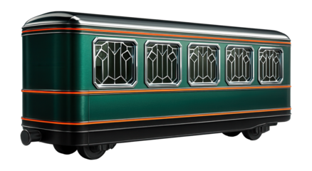 Art deco train car with geometric window patterns and bold exterior colors