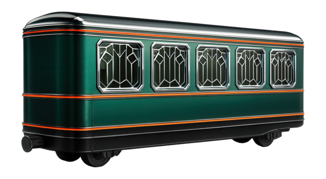 Art deco train car with geometric window patterns and bold exterior colors