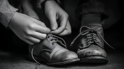 A child's hands carefully tying shoelaces on an old, worn pair of shoes, conveying a sense of innocence and attention to detail.