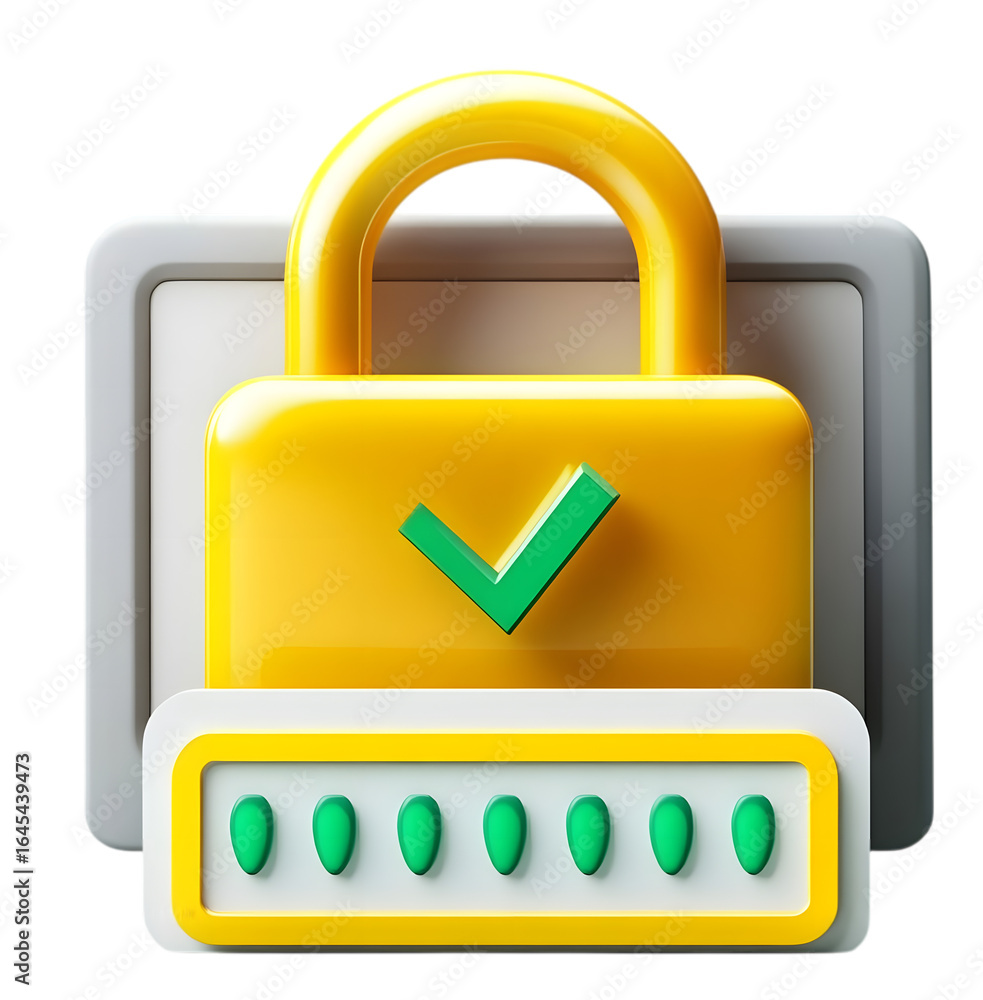Poster yellow padlock with a green checkmark and password entry isolated on transparent background