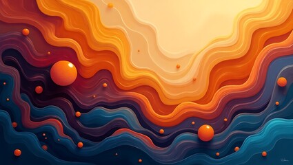 Abstract layered design with vibrant orange spheres on a dynamic color palette.