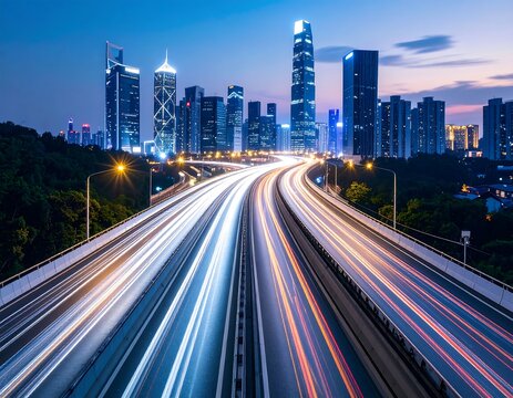 Elevated highway at twilight, streaks of light from speeding vehicles, cityscape backdrop