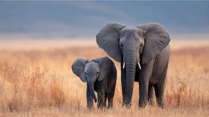Obraz premium A majestic adult elephant with its calf stands proudly in a golden grassland, showcasing the beauty of wildlife in a serene setting.