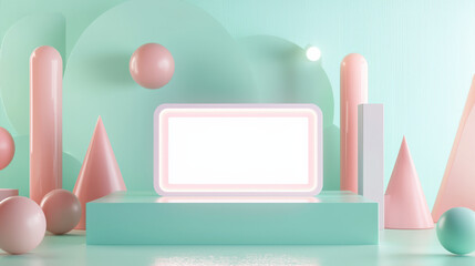 A horizontal cosmetic product mockup featuring a glowing white display screen, centered on a pastel turquoise surface.