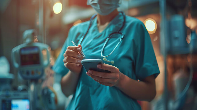 Medical professional in scrubs with phone syringe is perfect for healthcare blogs, medical websites, or pharmaceutical advertisements. Suitable for medicalrelated designs. - Powered by Adobe