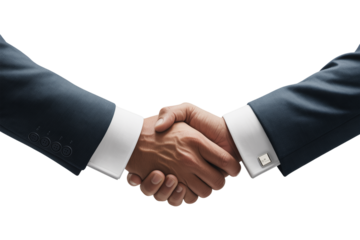 Two businessmen in dark suits and white shirts shake hands firmly against a transparent background