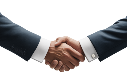 Two businessmen in dark suits and white shirts shake hands firmly against a transparent background