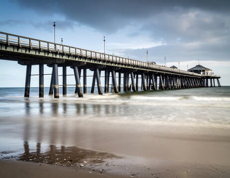 Fototapeta Cloudy beach pier at dawn