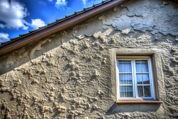 Closeup of a textured building facade with a whiteframed window under a blue sky with clouds,...