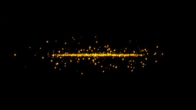 Abstract animation center glow gold particles sparkig star line on black background. 4K 3D chaotic motion of glow particles orange  flying in the air