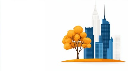 Autumnal Cityscape Illustration With Orange Tree And Skyscrapers