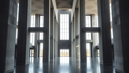 Vast architectural space with smooth concrete columns and diffused natural light, symmetrical and minimalist.