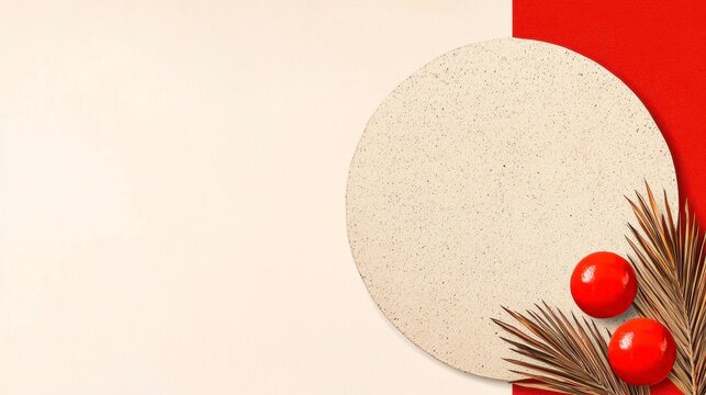 Beige Circle Graphic with Red Ornaments on Off White Background