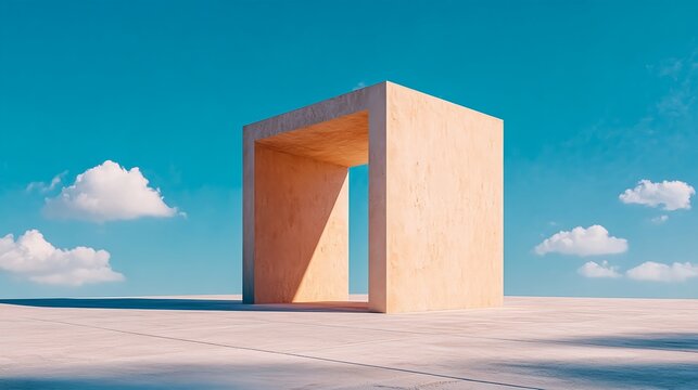 Beige Cube Structure With Open Doorway Against Sunny Sky