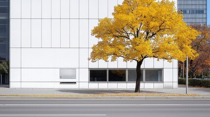 Bright Yellow Autumn Tree Before Modern White Building