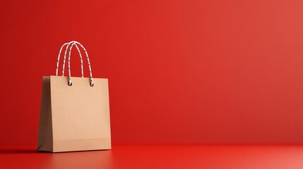 Brown Paper Shopping Bag On Red Background