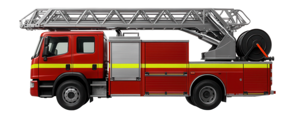 Fire engine with extended ladder and high-pressure hose reel