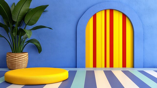 Bright Yellow Podium With Vibrant Blue Wall And Red Striped Doorway