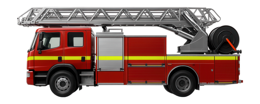 Fire engine with extended ladder and high-pressure hose reel