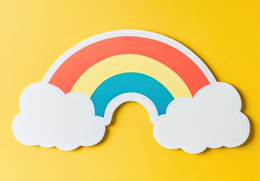 Colorful rainbow and fluffy white clouds on a yellow background - Powered by Adobe