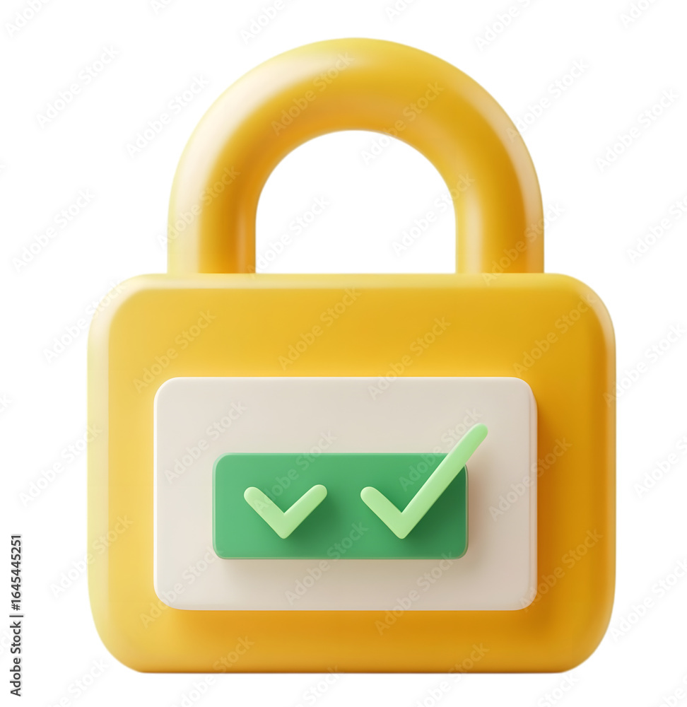 Poster yellow padlock with two green checkmarks isolated on transparent background