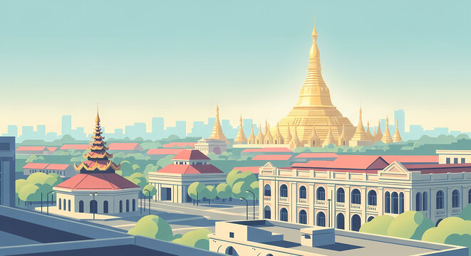 Stylized Yangon Skyline with Shwedagon Pagoda in Pastel Flat Vector Illustration Landmark in Pastel Flat Vector Illustration