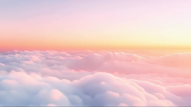 桃色とオレンジ色の空を覆うふわふわの雲海 高度からの柔らかなパノラマ風景 抽象的な背景、航空写真、壁紙に最適