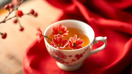 A delicate white porcelain teacup with chrysanthemum blossoms, steaming golden tea against a blurred red silk background.