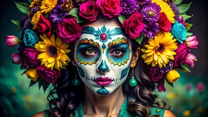 Fototapeta premium Woman with colorful sugar skull makeup and flower crown