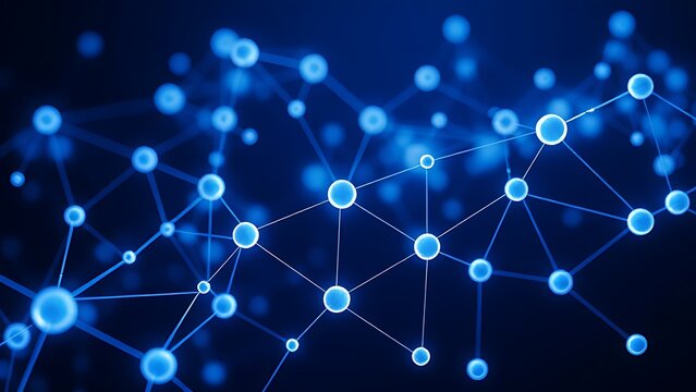 Abstract blue and white interconnected spheres with glowing nodes, symbolizing a digital network on a dark background.