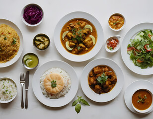 Fototapeta premium Top view of a healthy traditional South Asian meal with modern plating, clean white table, overhead soft light, high detail, realistic style. Food poster and banner background