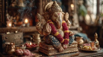Fototapeta premium colourful and beautiful lord Ganesha statue sits on a table surrounded by flowers and candles