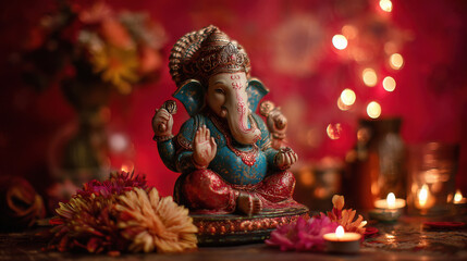 Fototapeta premium colourful and beautiful lord Ganesha statue sits on a table surrounded by flowers and candles