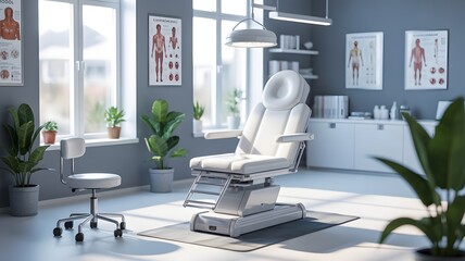 Modern medical examination room with adjustable patient chair and anatomical posters clinic doctor