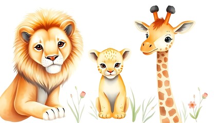 Charming watercolor safari scene featuring a lion cub and giraffe in pastel nursery art style.