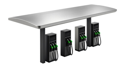 Self-service fuel island with multiple pump stations and canopy roof