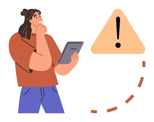 Woman holding tablet, pondering warning sign with exclamation mark. Ideal for problem-solving, caution, tech issues, decision-making, risk, awareness prioritization. Clear simple flat metaphor
