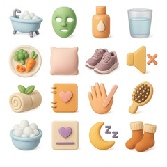 3d wellness icon set featuring bath, skincare, hydration, nutrition, sleep, and fitness symbols