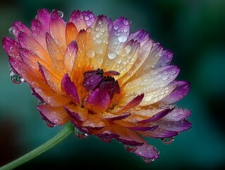 Closeup macro shot of a vibrant flower with dew drops on its petals, showcasing intricate details and delicate beauty in nature