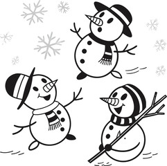 Funny winter holiday snowman cartoon character with a broom and christmas balls illustration