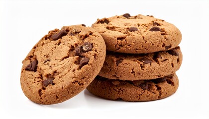 Fototapeta premium A delicious stack of freshly baked chocolate chip cookies isolated on a white background, a perfect sweet snack or dessert treat.