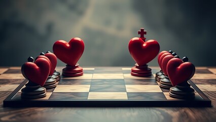 Symbolic chessboard with heart-shaped pieces at varied positions, depicting romantic timing dynamics.
