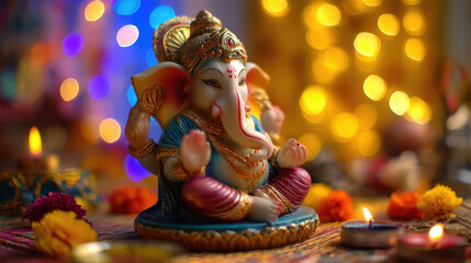 Fototapeta premium colourful and beautiful lord Ganesha statue sits on a table surrounded by flowers and candles
