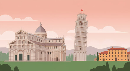 Stylized Pisa Skyline with Leaning Tower of Pisa in Pastel Flat Vector Illustration Landmark in Pastel Flat Vector Illustration