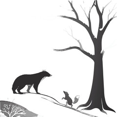 Isolated black vector silhouette illustration of wild animals like a wolf and cat with fur and tail