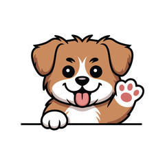 Cute Cartoon Puppy Waving Paw, Happy Smiling Dog Illustration Isolated on White Background, Adorable Pet Character for Kids, Logo, Sticker, or Design Use.