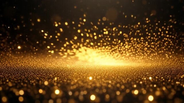 Abstract gold particles background with a shimmering golden floor, sparkling star dust, and futuristic glittering motion. Flickering particles gracefully fly through space on a black backdrop in a sea