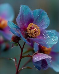 Closeup of a delicate blue and purple flower with dew drops on its petals, showcasing vibrant colors and intricate details in a natural setting